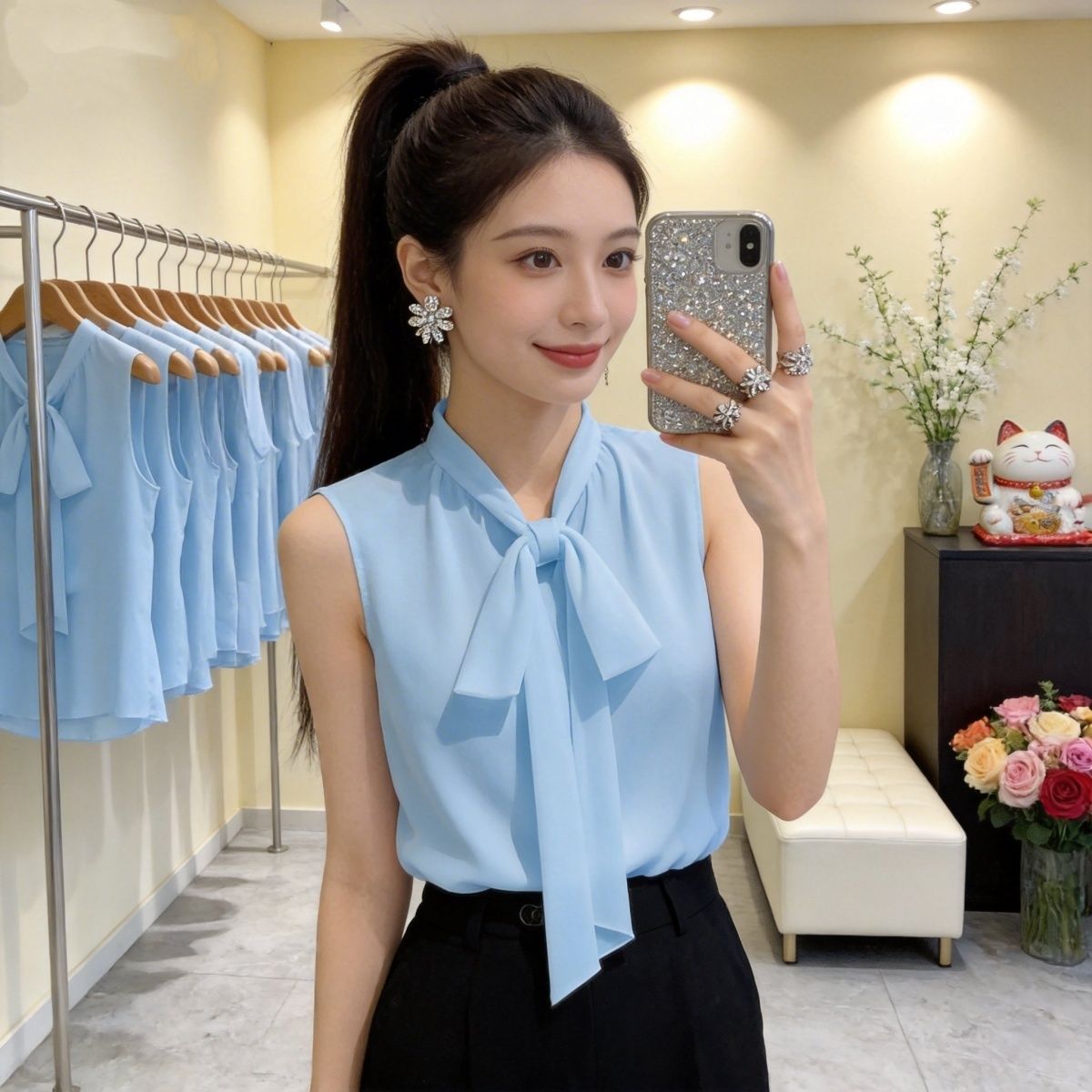 Sleeveless Undershirt - Women's Chiffon Sleeveless Vest Knot Casual